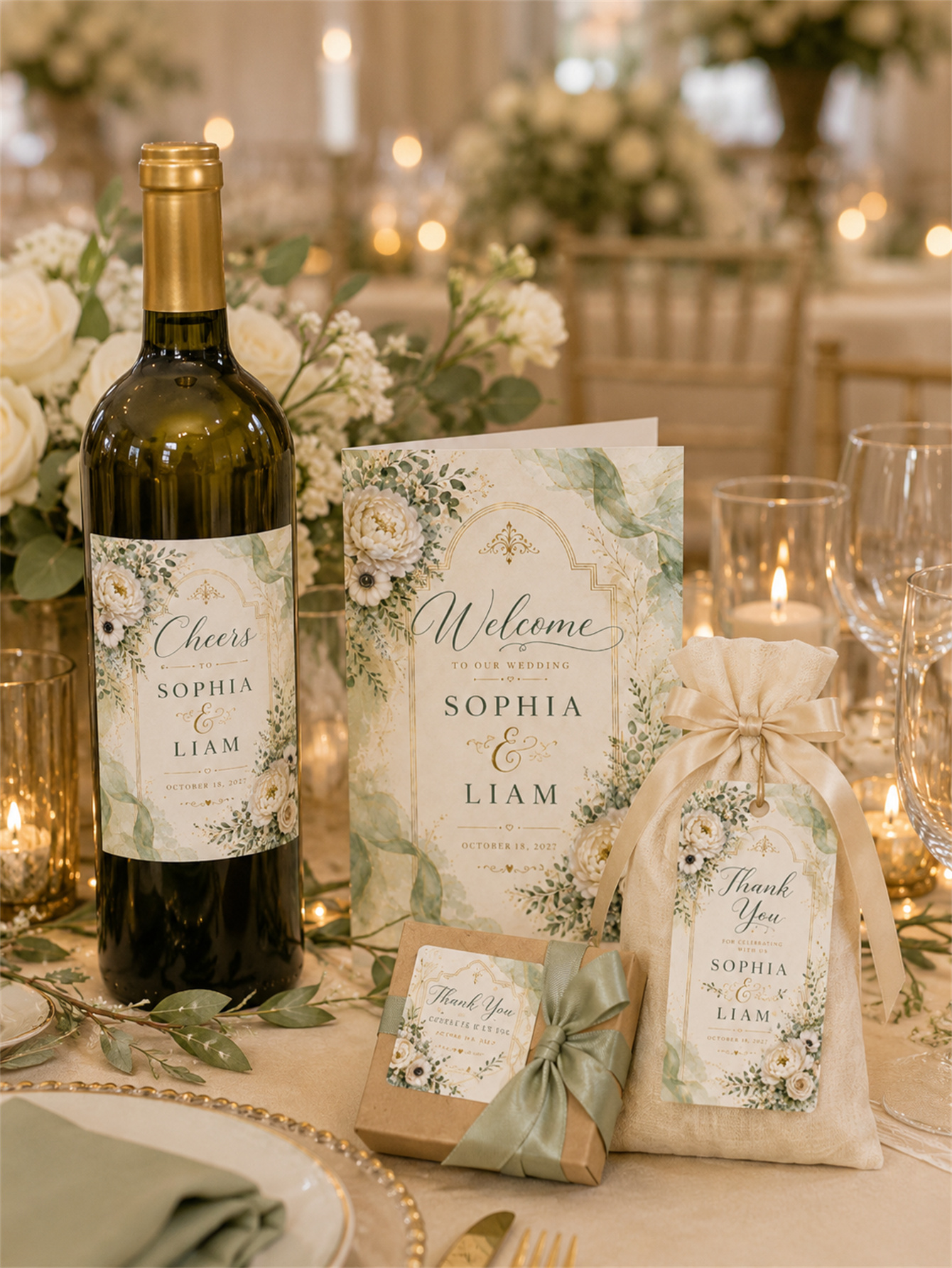 Sage green and ivory plant wedding decorations - Romantic and elegant wedding - Custom name and date